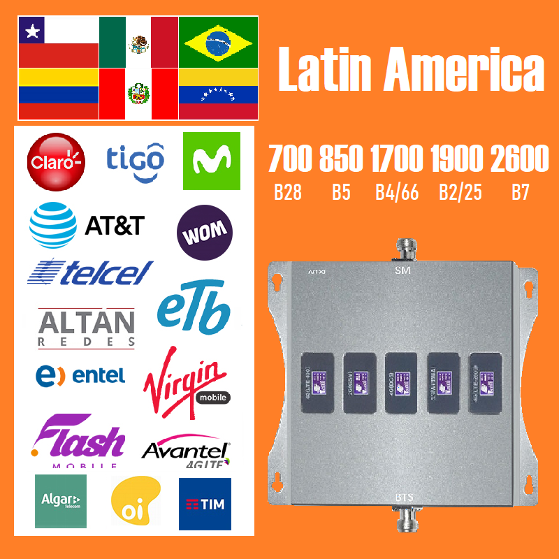5 Band Cellular Amplifier Signal Booster GSM Mobile Cellphone Network Internet Repeater 2G 3G 4G 5G for Latin America